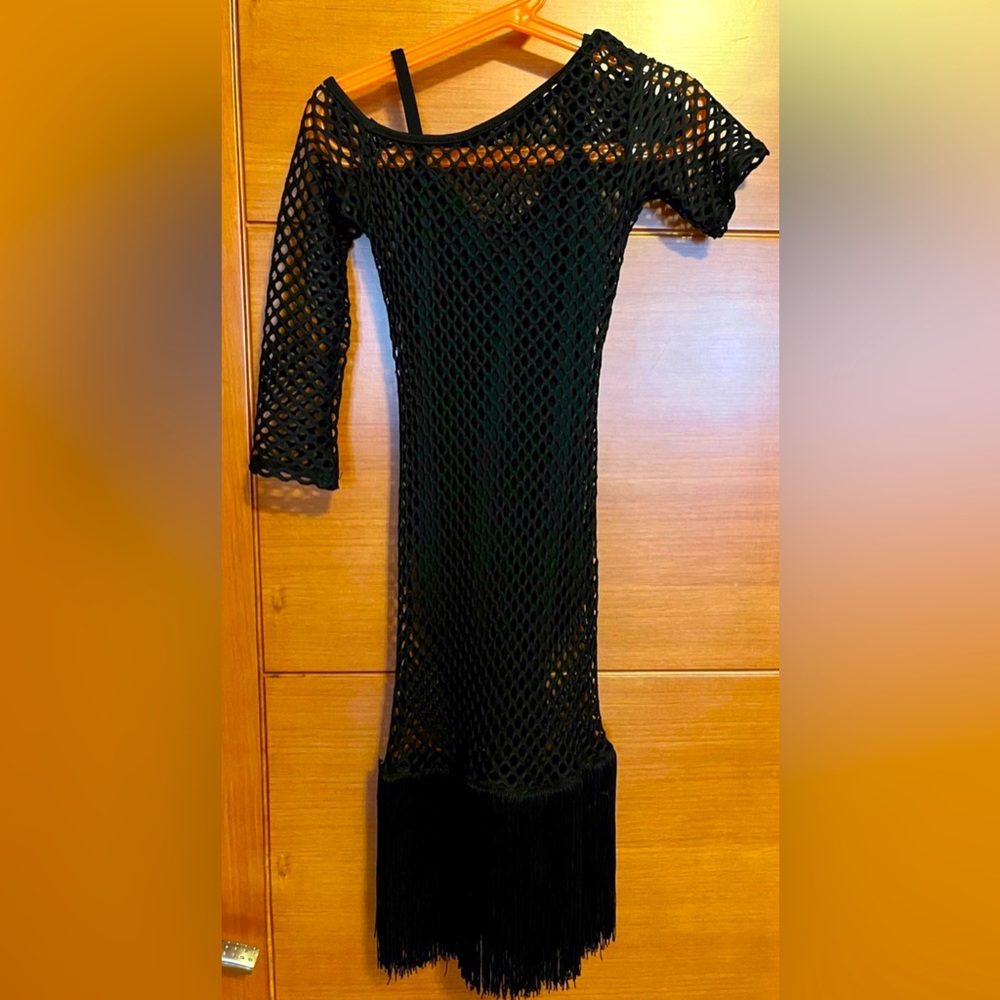 Girls Black Dance Dress Fringe Skirt And Includes Body Suit Stretchy Material 8Y